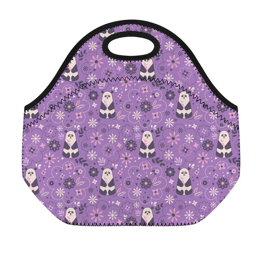 Purple Panda And Flower Pattern Print Neoprene Lunch Bag