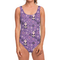 Purple Panda And Flower Pattern Print One Piece Swimsuit