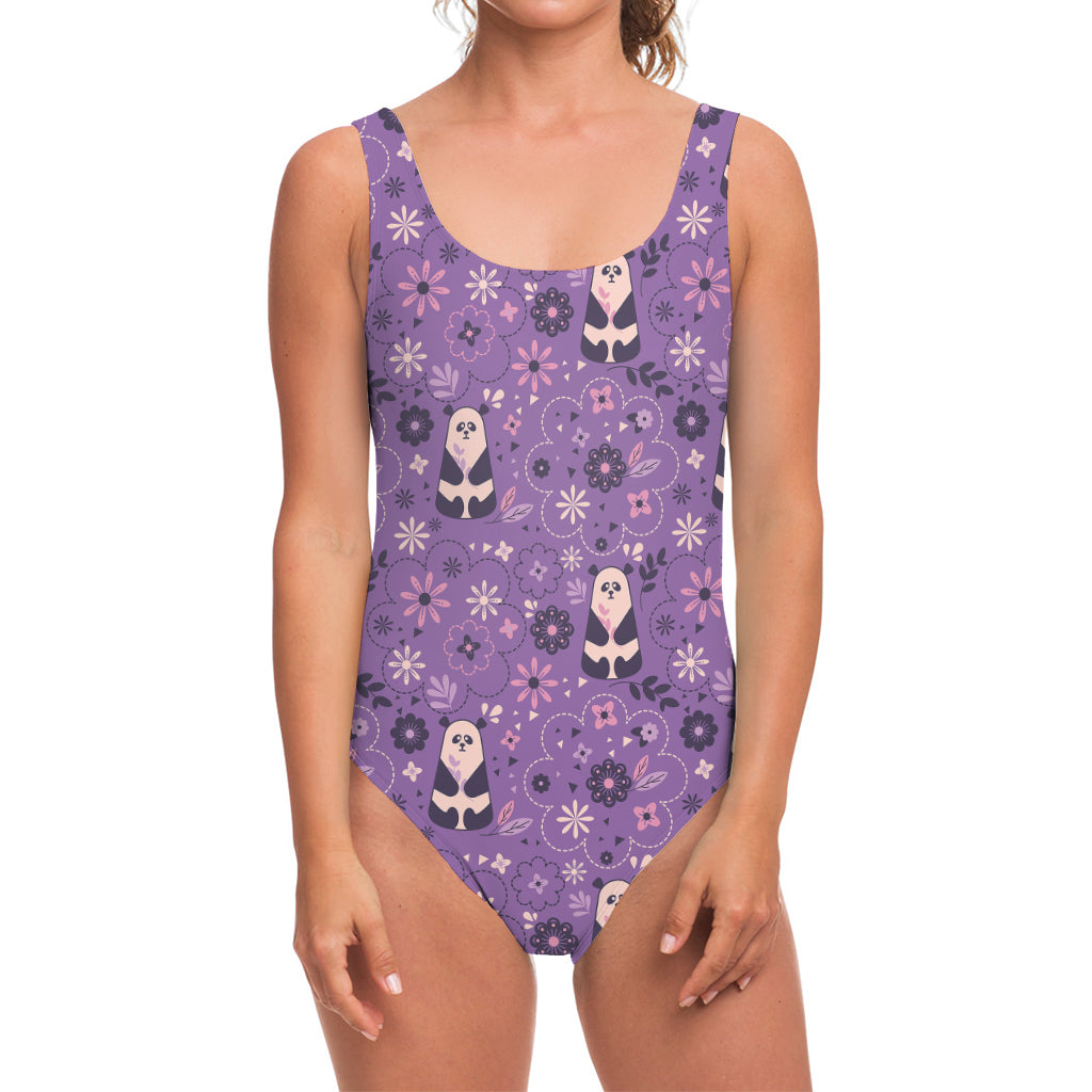 Purple Panda And Flower Pattern Print One Piece Swimsuit