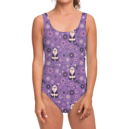 Purple Panda And Flower Pattern Print One Piece Swimsuit