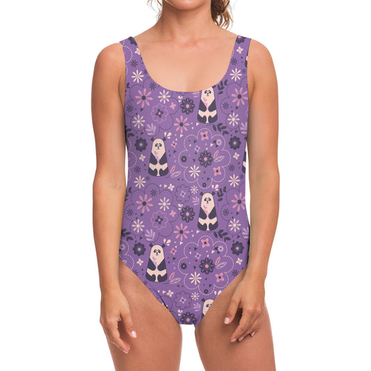 Purple Panda And Flower Pattern Print One Piece Swimsuit