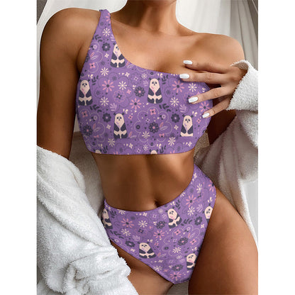 Purple Panda And Flower Pattern Print One Shoulder Bikini Top