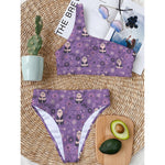 Purple Panda And Flower Pattern Print One Shoulder Bikini Top