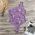 Purple Panda And Flower Pattern Print One Shoulder Bodysuit