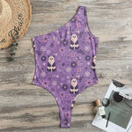 Purple Panda And Flower Pattern Print One Shoulder Bodysuit