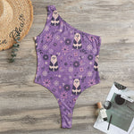 Purple Panda And Flower Pattern Print One Shoulder Bodysuit