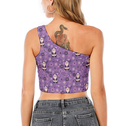 Purple Panda And Flower Pattern Print One Shoulder Crop Top