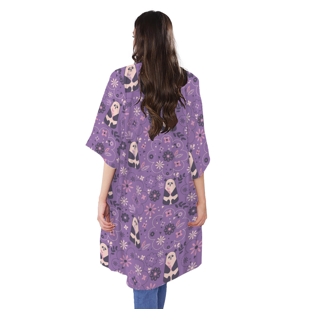 Purple Panda And Flower Pattern Print Open Front Beach Cover Up
