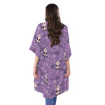 Purple Panda And Flower Pattern Print Open Front Beach Cover Up