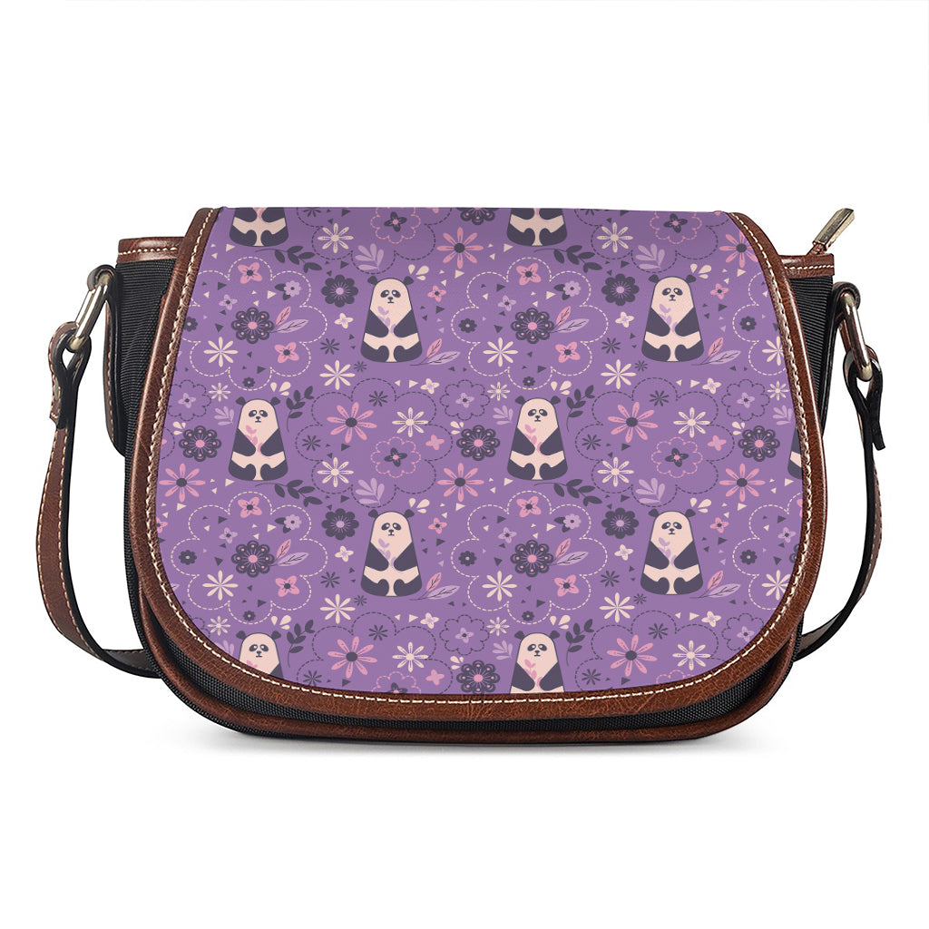 Purple Panda And Flower Pattern Print Saddle Bag