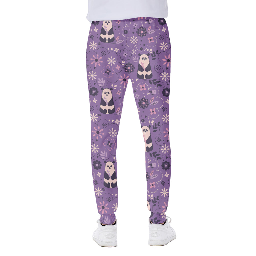 Purple Panda And Flower Pattern Print Scuba Joggers