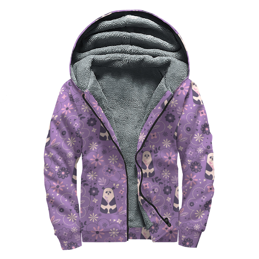 Purple Panda And Flower Pattern Print Sherpa Lined Zip Up Hoodie