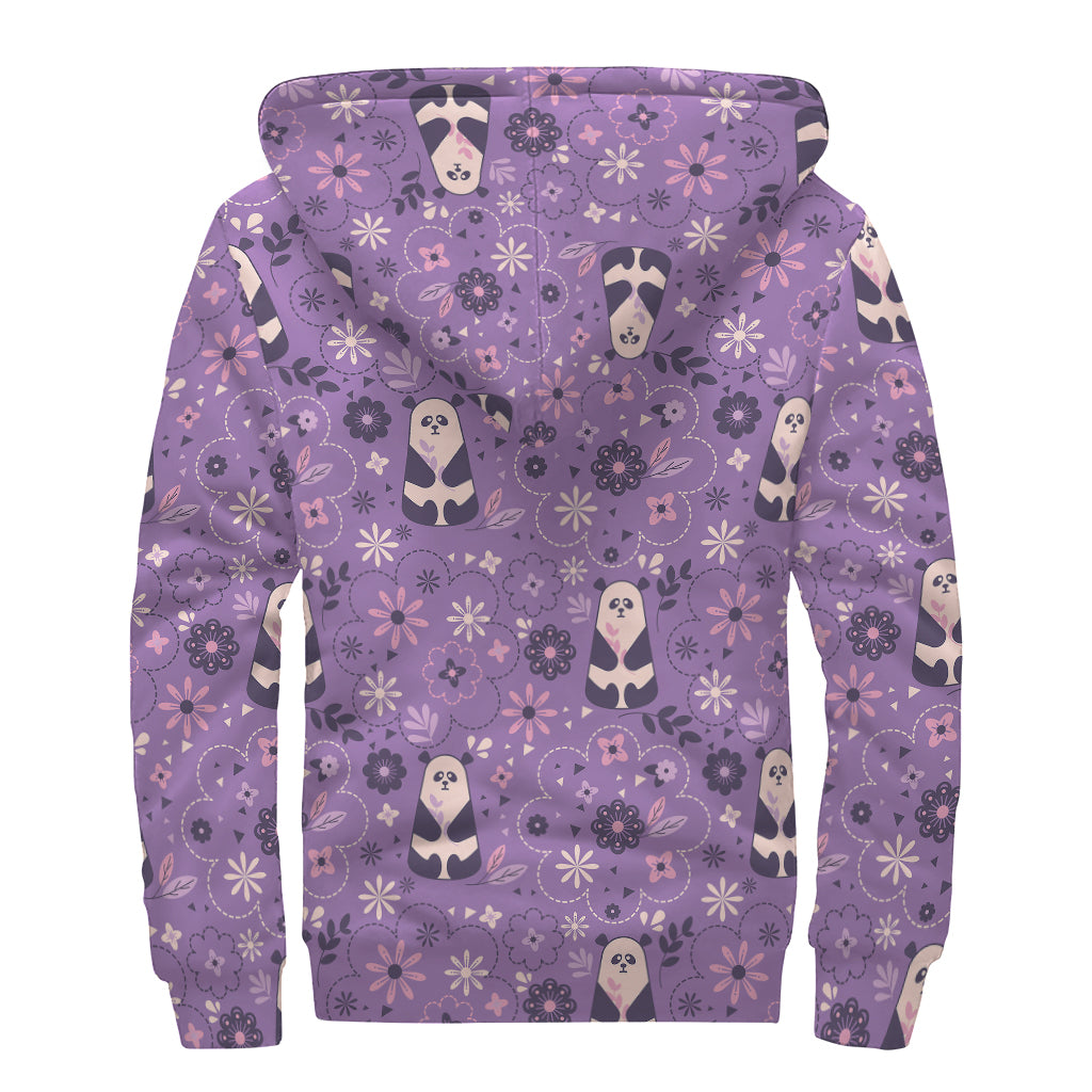 Purple Panda And Flower Pattern Print Sherpa Lined Zip Up Hoodie