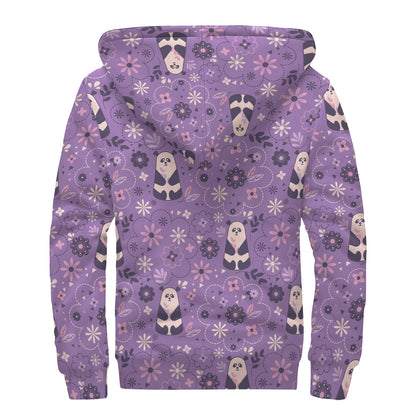 Purple Panda And Flower Pattern Print Sherpa Lined Zip Up Hoodie