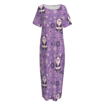 Purple Panda And Flower Pattern Print Short Sleeve Long Nightdress