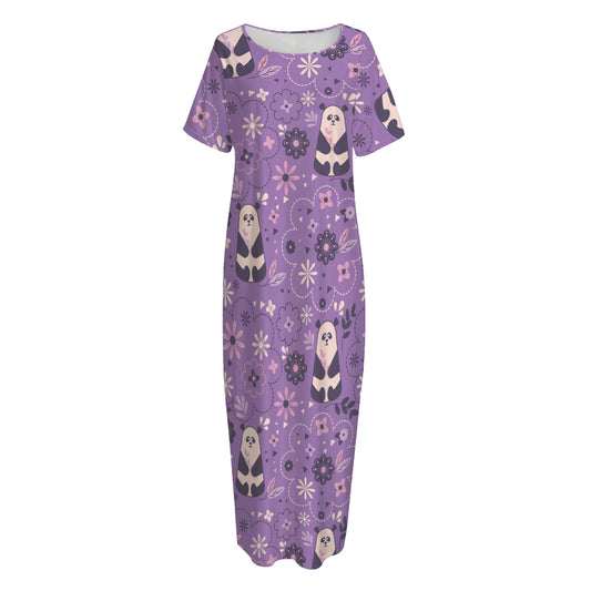 Purple Panda And Flower Pattern Print Short Sleeve Long Nightdress