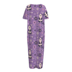 Purple Panda And Flower Pattern Print Short Sleeve Long Nightdress