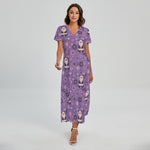 Purple Panda And Flower Pattern Print Short Sleeve Maxi Dress