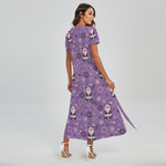 Purple Panda And Flower Pattern Print Short Sleeve Maxi Dress