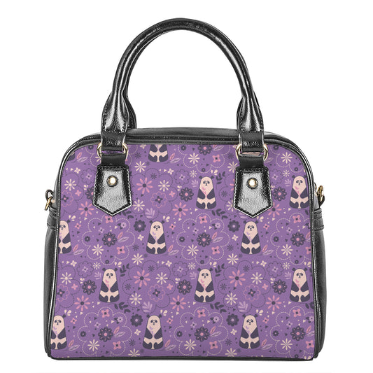 Purple Panda And Flower Pattern Print Shoulder Handbag