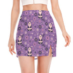 Purple Panda And Flower Pattern Print Side Slit Mini Skirt