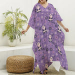 Purple Panda And Flower Pattern Print Silk V-Neck Kaftan Dress