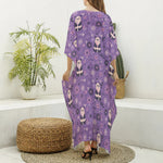 Purple Panda And Flower Pattern Print Silk V-Neck Kaftan Dress