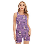 Purple Panda And Flower Pattern Print Sleeveless One Piece Swimsuit