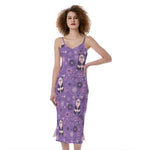 Purple Panda And Flower Pattern Print Slim Fit Midi Cami Dress