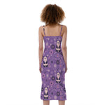 Purple Panda And Flower Pattern Print Slim Fit Midi Cami Dress
