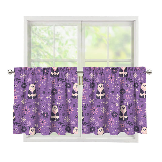 Purple Panda And Flower Pattern Print Tier Curtains