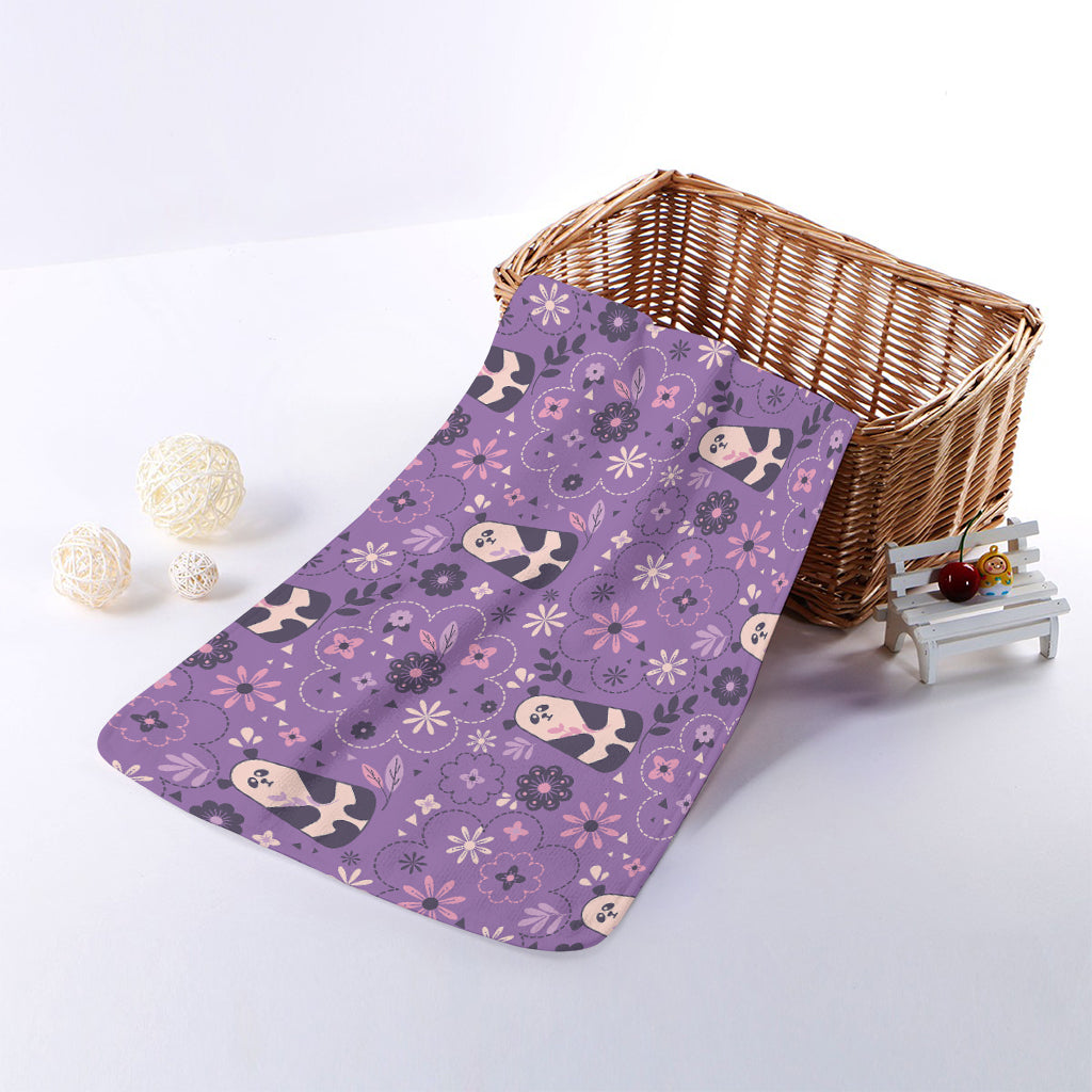 Purple Panda And Flower Pattern Print Towel