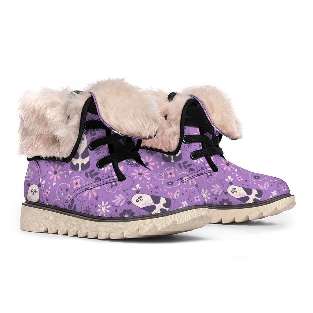 Purple Panda And Flower Pattern Print Winter Boots