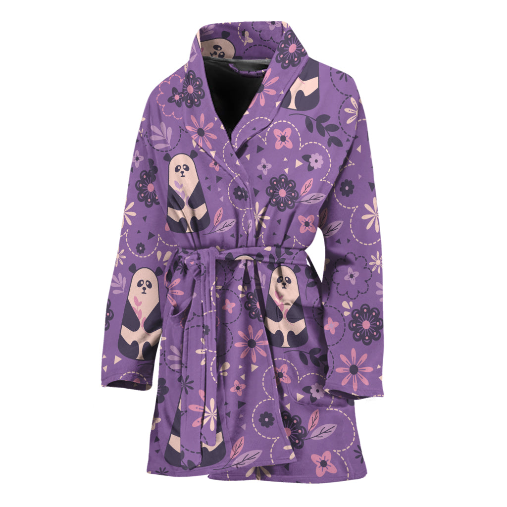 Purple Panda And Flower Pattern Print Women's Bathrobe