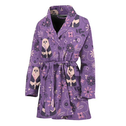 Purple Panda And Flower Pattern Print Women's Bathrobe