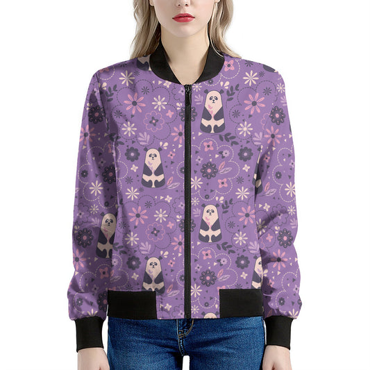Purple Panda And Flower Pattern Print Women's Bomber Jacket