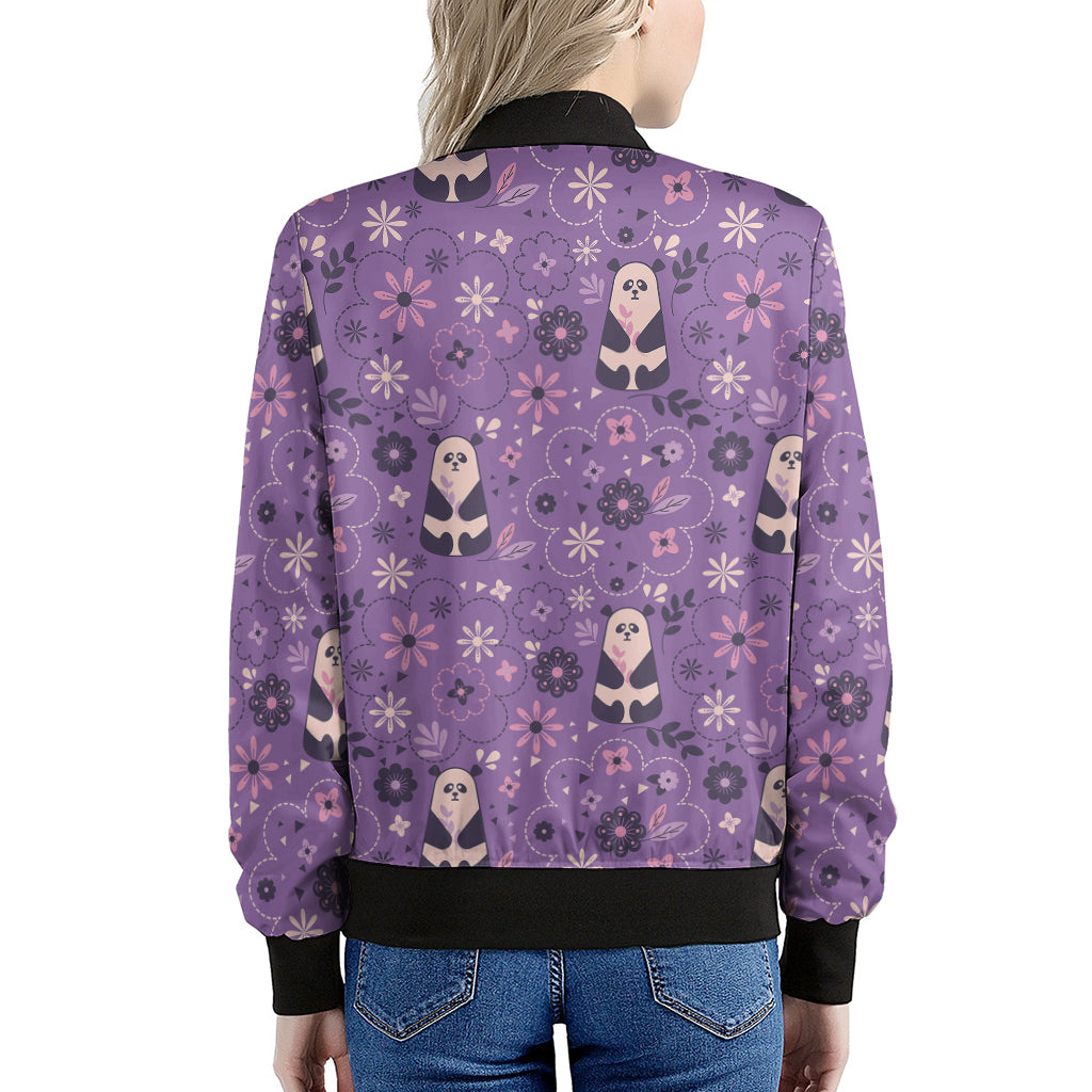 Purple Panda And Flower Pattern Print Women's Bomber Jacket