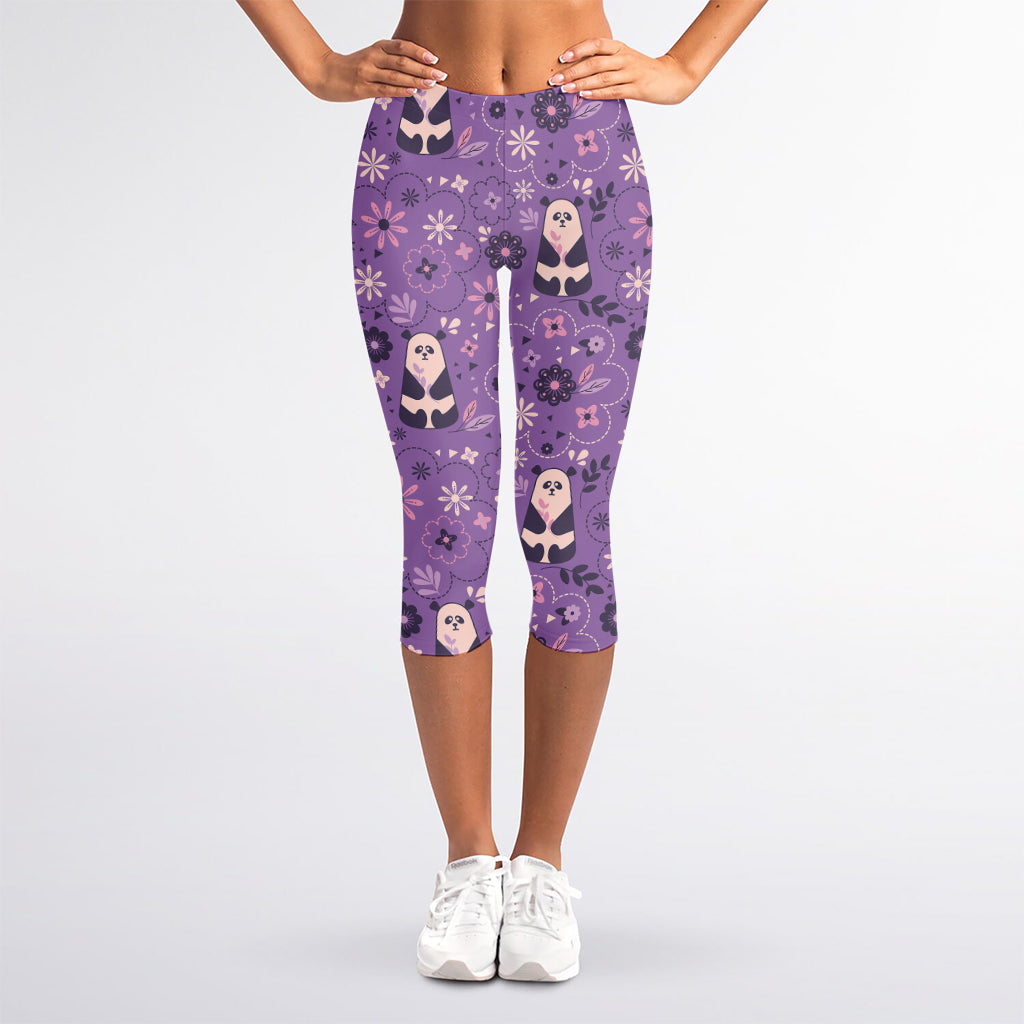 Purple Panda And Flower Pattern Print Women's Capri Leggings