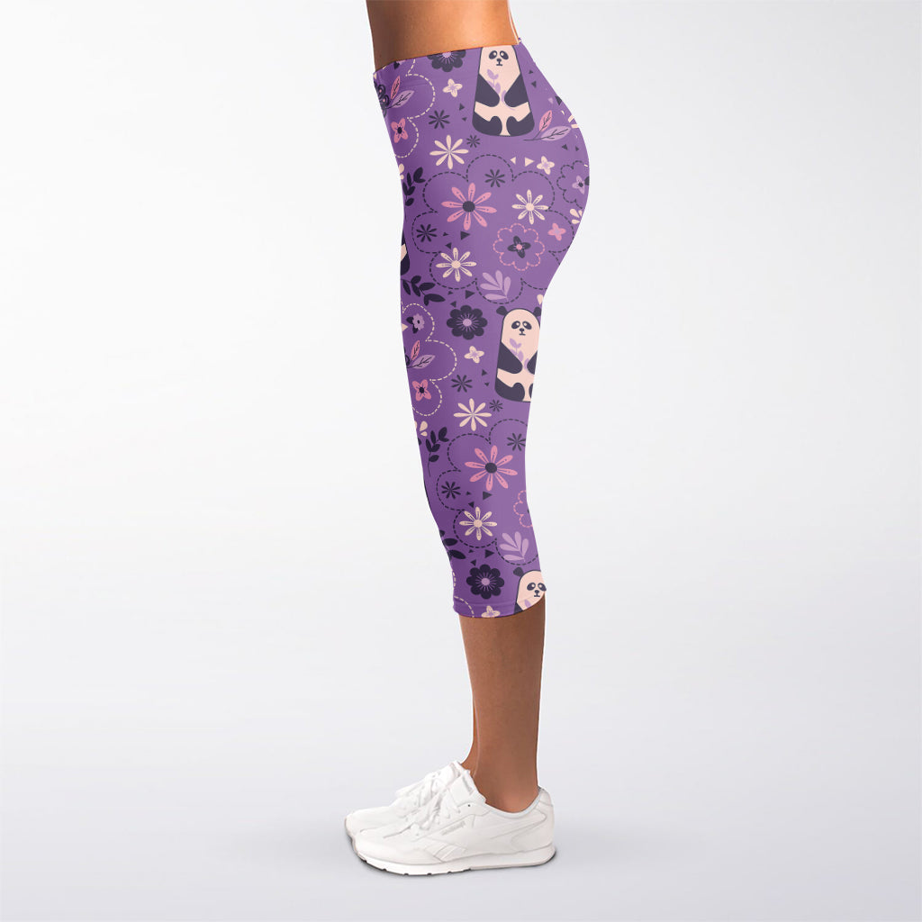 Purple Panda And Flower Pattern Print Women's Capri Leggings
