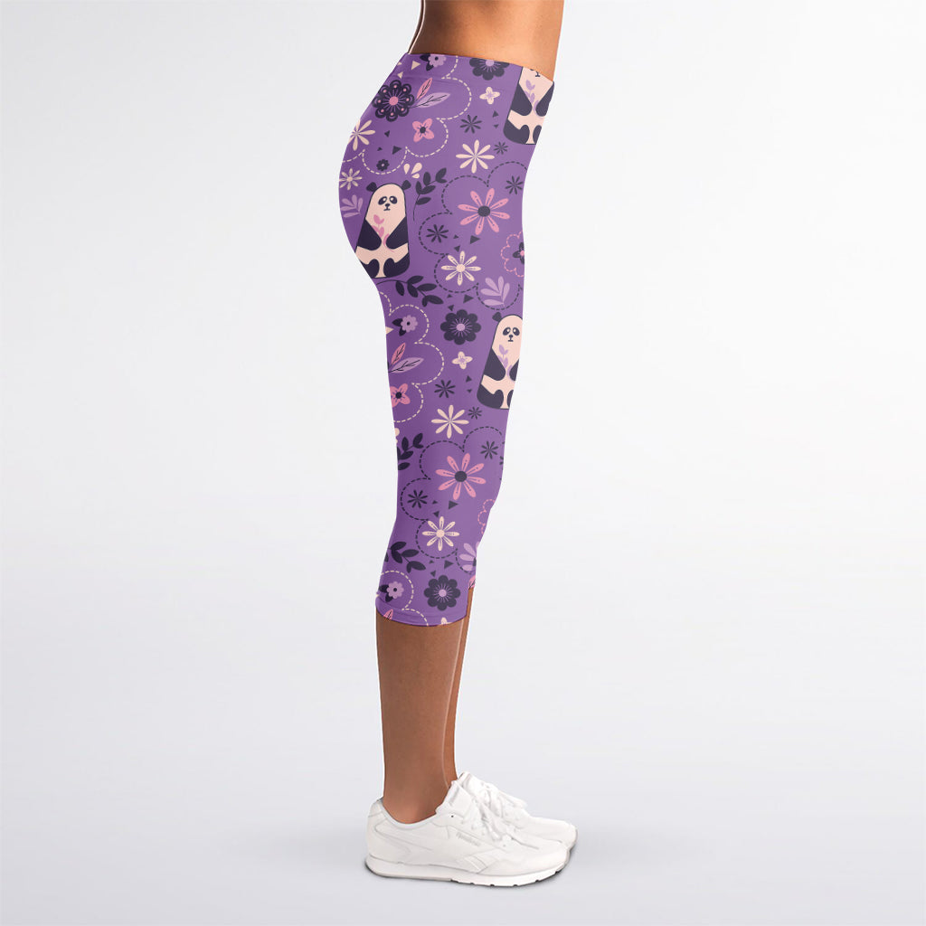 Purple Panda And Flower Pattern Print Women's Capri Leggings