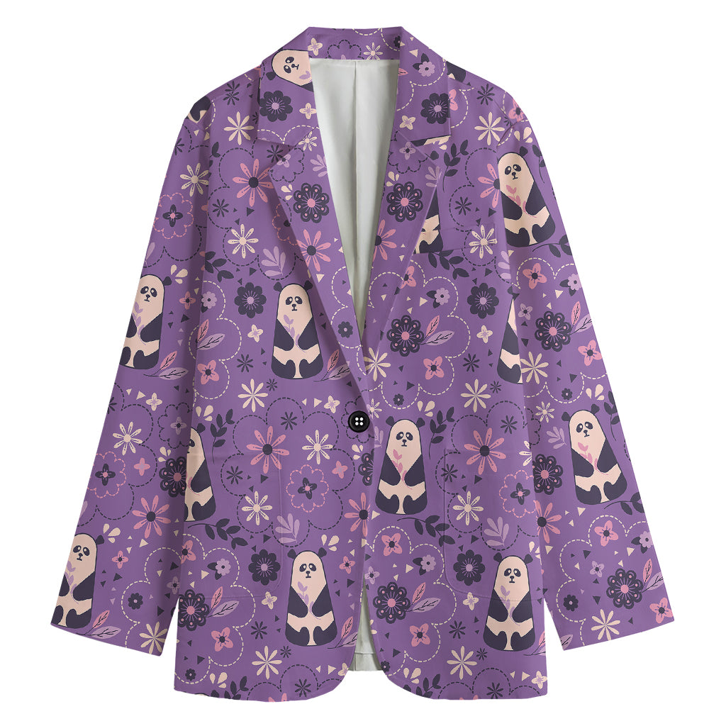 Purple Panda And Flower Pattern Print Women's Cotton Blazer