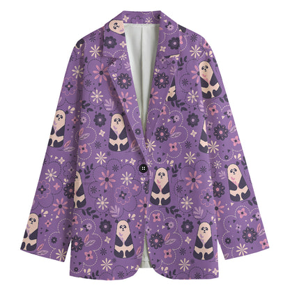 Purple Panda And Flower Pattern Print Women's Cotton Blazer