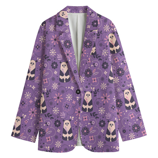 Purple Panda And Flower Pattern Print Women's Cotton Blazer