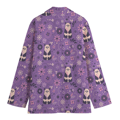 Purple Panda And Flower Pattern Print Women's Cotton Blazer