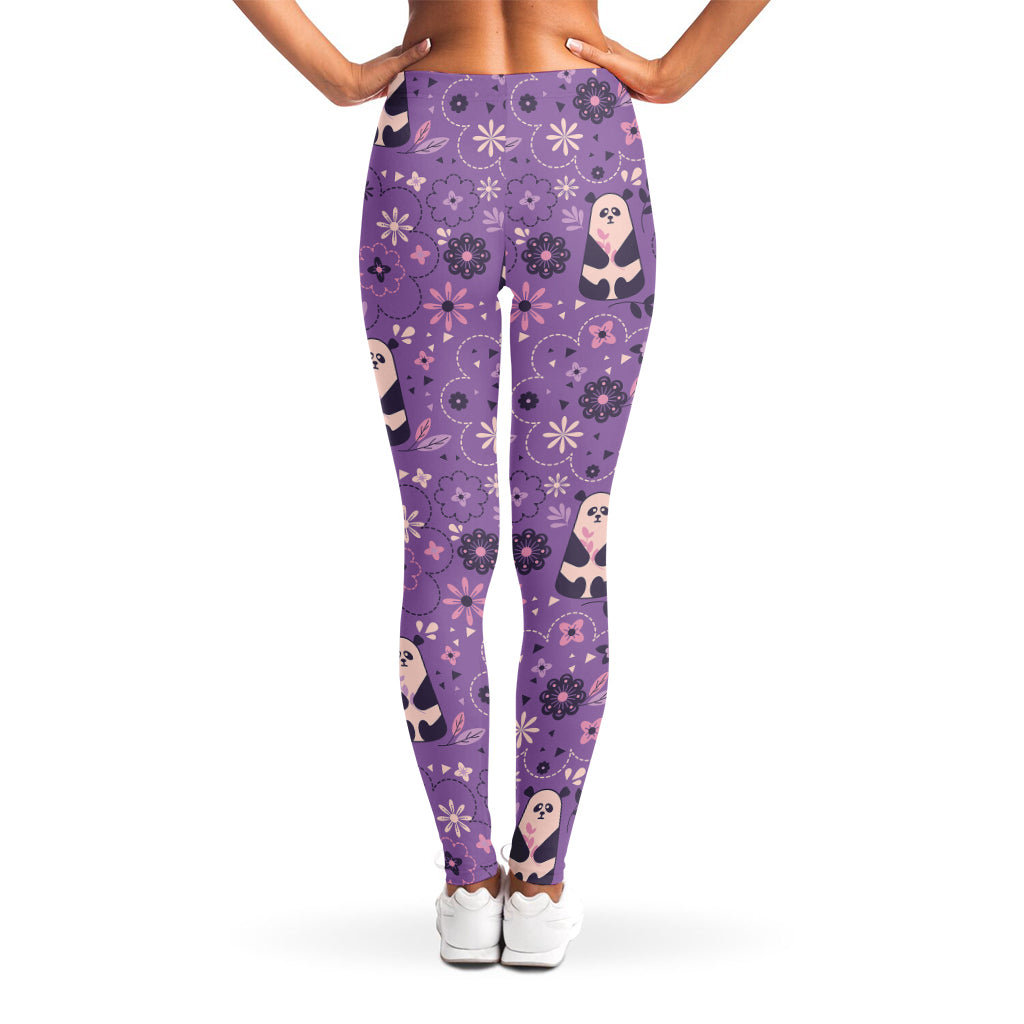 Purple Panda And Flower Pattern Print Women's Leggings