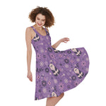 Purple Panda And Flower Pattern Print Women's Sleeveless Dress