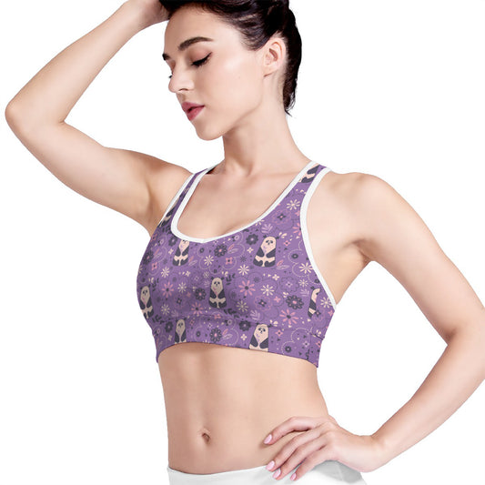 Purple Panda And Flower Pattern Print Women's Sports Bra