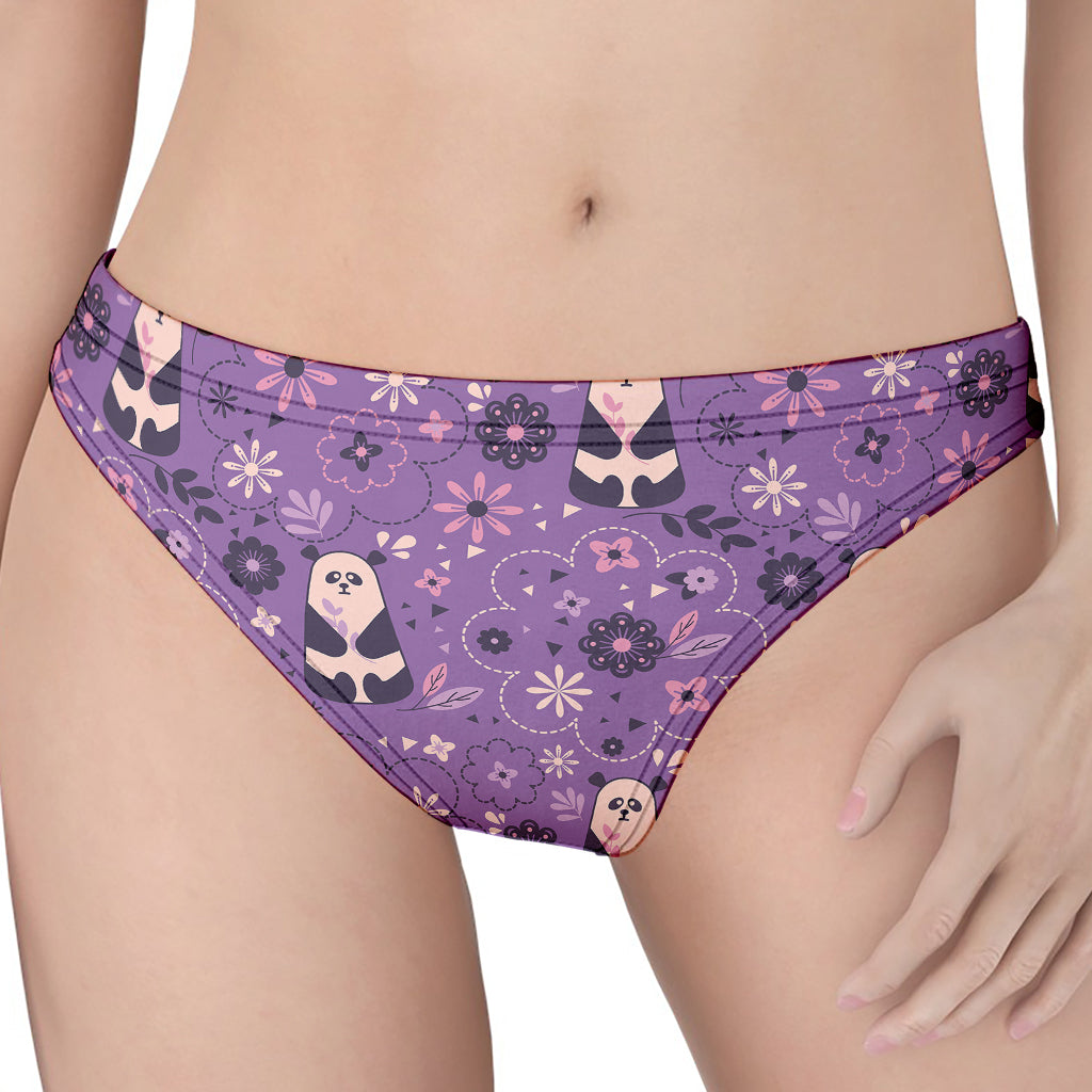 Purple Panda And Flower Pattern Print Women's Thong
