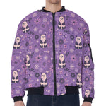 Purple Panda And Flower Pattern Print Zip Sleeve Bomber Jacket