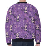 Purple Panda And Flower Pattern Print Zip Sleeve Bomber Jacket